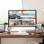 3d rendering of computer, notebook, tablet and smartphone showing travel agency website